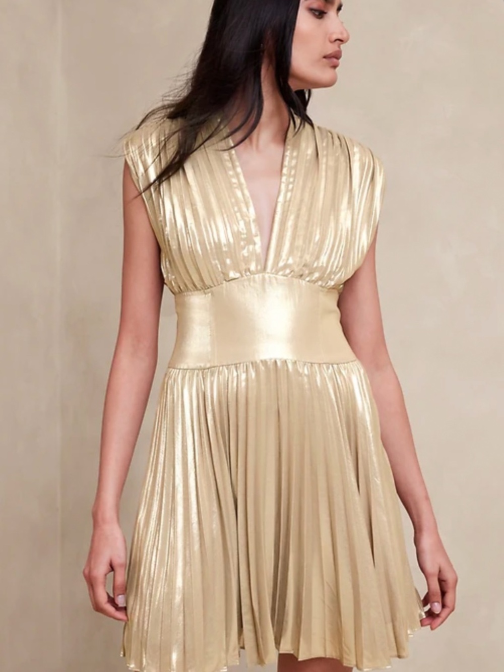 Banana Republic metallic pleated Cici Mini Dress v neck size 12